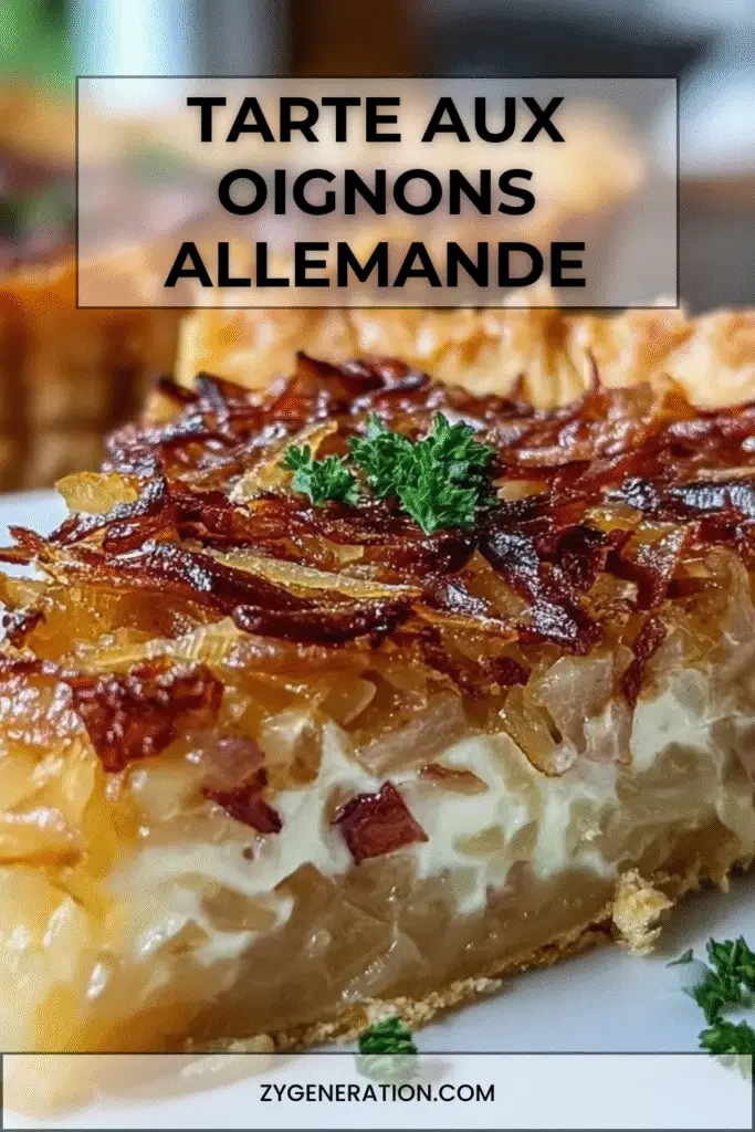 Tarte aux oignons allemande dorée et fondante, garnie de bacon croustillant et d’oignons caramélisés, servie sur une table rustique avec un verre de vin blanc.