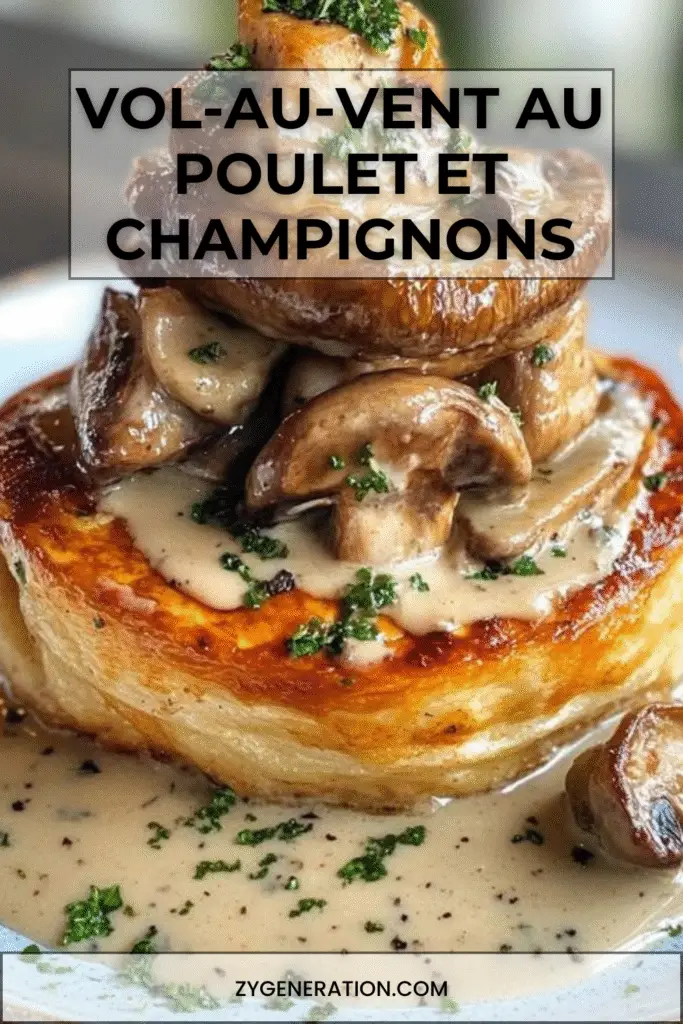 Vol-au-vent au poulet et champignons garni d’une sauce crémeuse, sur assiette blanche, décoré de persil frais et accompagné de légumes verts.