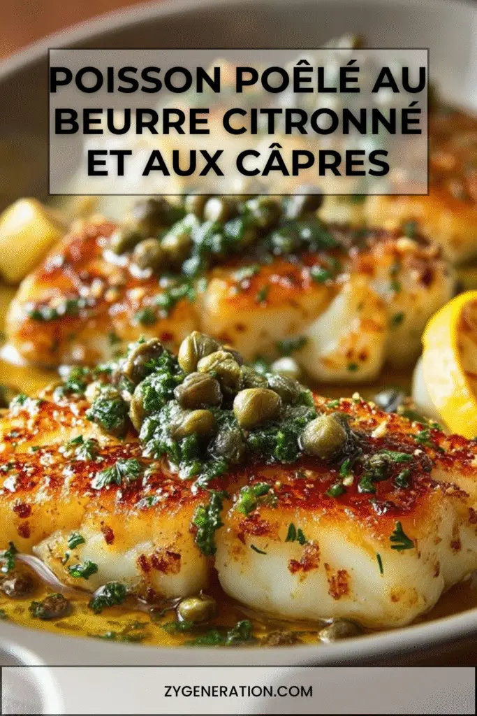 Filets de poisson poêlés nappés d’une sauce au beurre citronné et câpres, décorés de persil frais et servis sur assiette blanche avec quartiers de citron.