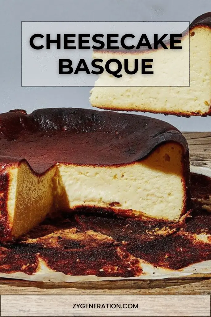 Cheesecake basque doré et caramélisé, au centre crémeux et tremblotant, présenté sur du papier sulfurisé rustique dans un moule à charnière.