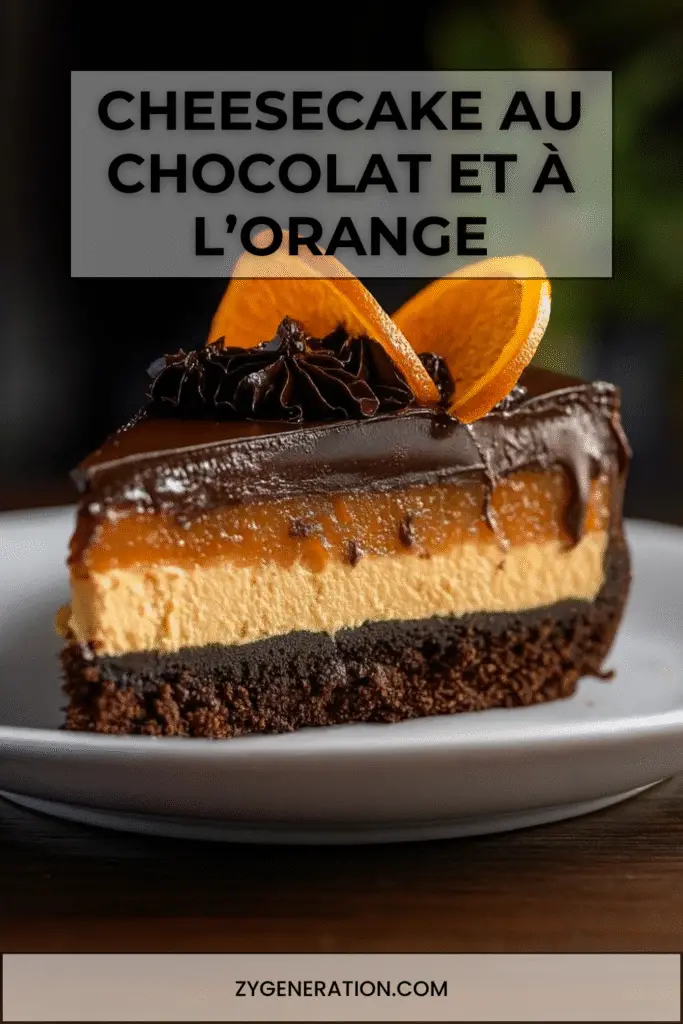 Cheesecake au chocolat et à l’orange avec ganache brillante, décoré de tranches d’orange confite et de copeaux de chocolat sur une assiette élégante.