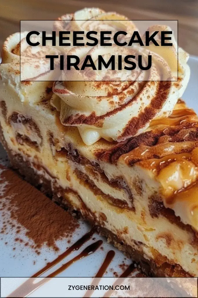 Cheesecake tiramisu crémeux sur base biscuitée, saupoudré de cacao, décoré de biscuits à la cuillère et servi sur une assiette élégante.