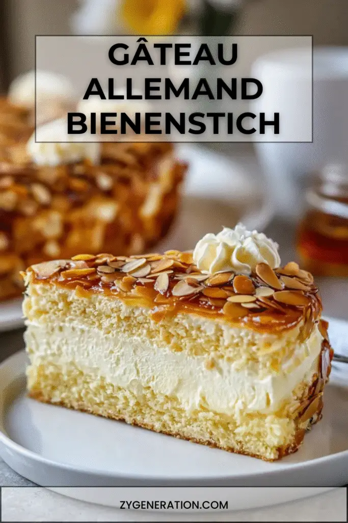 Gâteau allemand Bienenstich coupé en parts, avec crème vanillée au mascarpone, pâte briochée moelleuse et croûte dorée d’amandes au miel.
