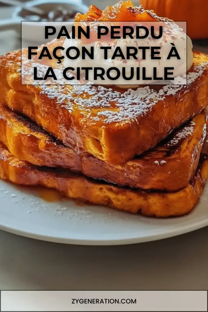 Tranches de pain perdu dorées nappées de sirop d’érable, servies avec crème fouettée et épices de citrouille sur une assiette d’automne.