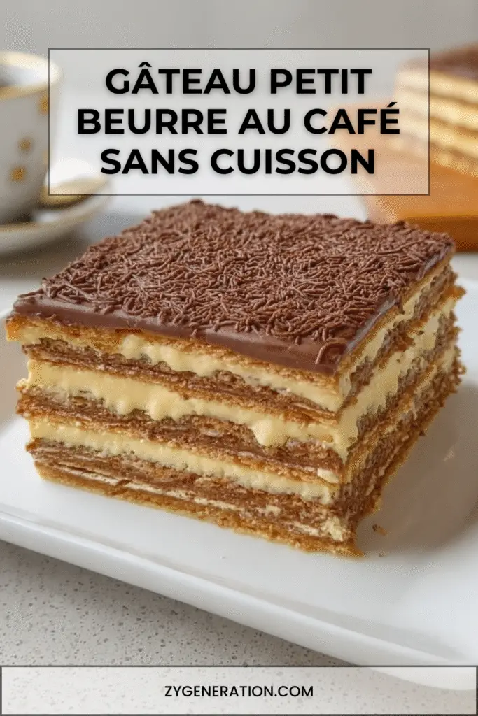 Part de gâteau Petit Beurre au café sans cuisson, alternant couches de biscuits imbibés et de crème vanillée, décorée de vermicelles de chocolat.