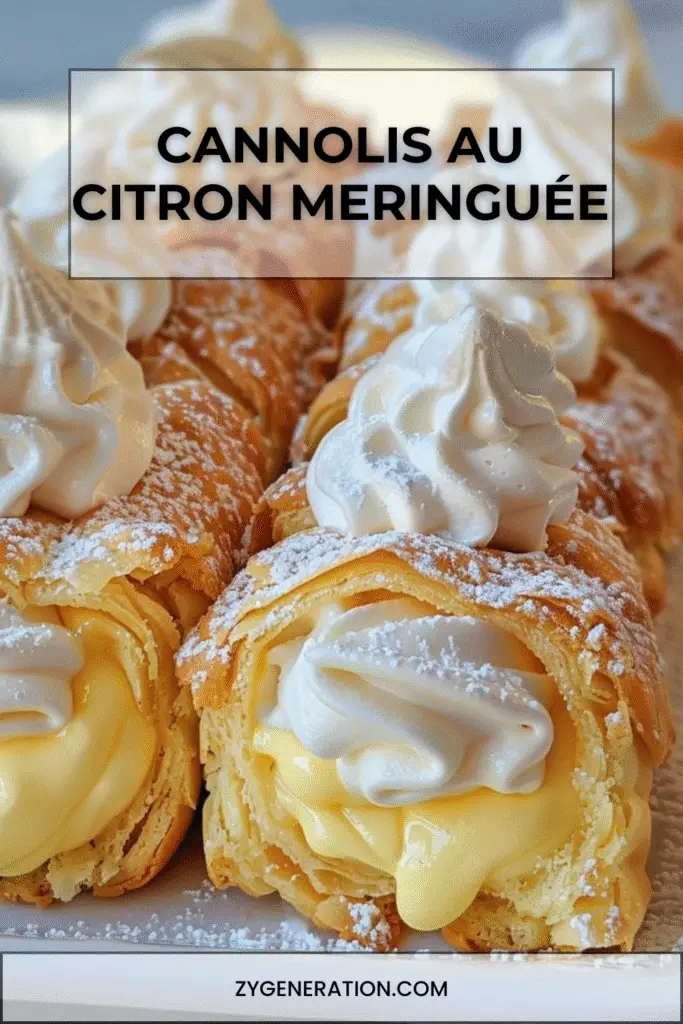 Cannolis au citron meringuée sur assiette blanche, dessert italien croustillant garni de crème citron et meringue dorée.
