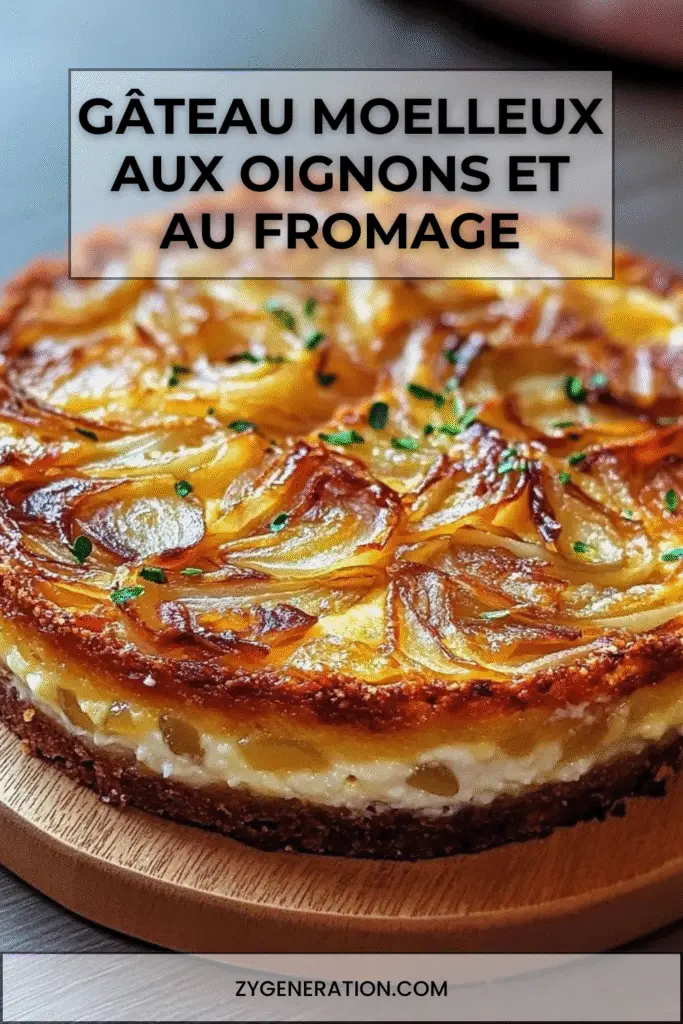 Gâteau moelleux aux oignons et au fromage sur assiette, plat salé doré au four, texture fondante et oignons caramélisés visibles.
