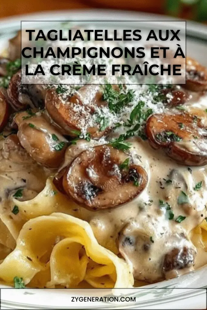 Tagliatelles aux champignons et à la crème fraîche servies dans une assiette creuse, garnies de persil et de parmesan râpé.