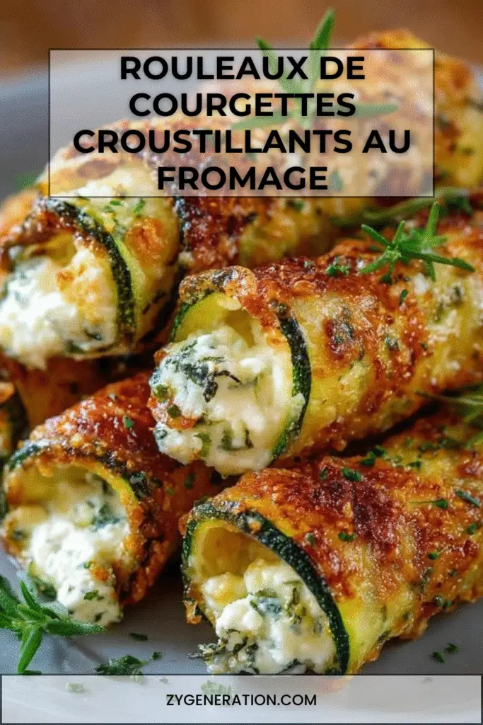 Rouleaux de courgettes croustillants au fromage dorés au four, servis avec sauce au yaourt et persil frais.