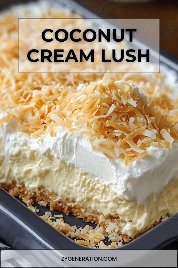 Photo d’un dessert Coconut Cream Lush en couches crémeuses avec croûte de biscuits Graham, crème fouettée et copeaux de noix de coco grillés.