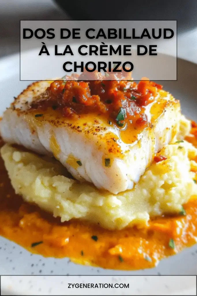 dos de cabillaud nappé d’une sauce crémeuse au chorizo, servi sur un écrasé de pommes de terre et garni de ciboulette fraîche.