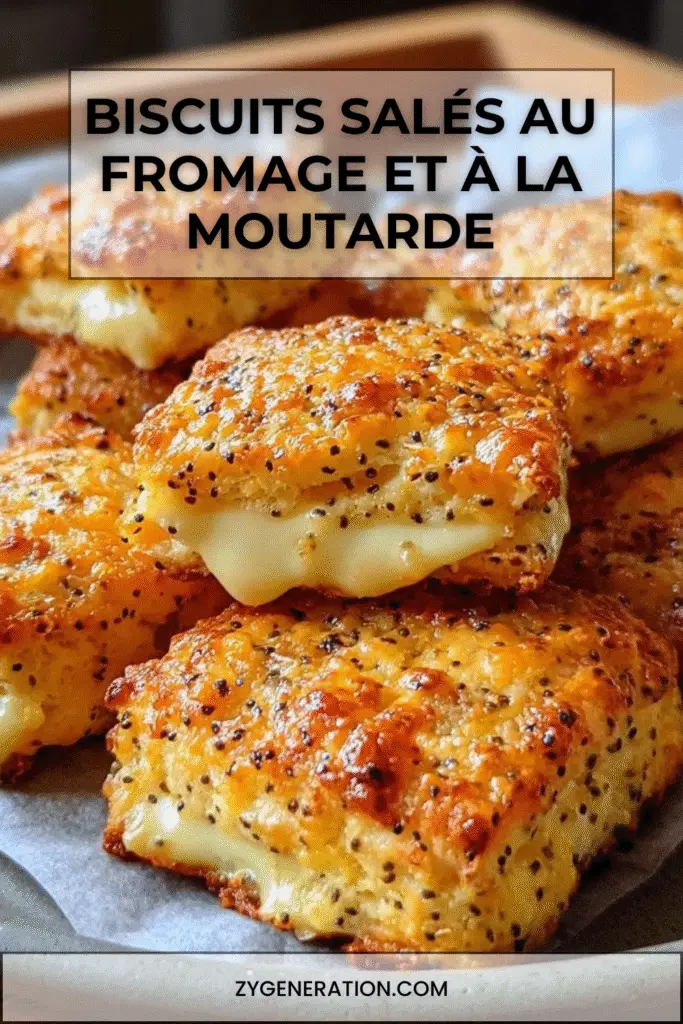iscuits salés au fromage cheddar et à la moutarde, dorés et croustillants, servis sur une planche en bois pour l’apéritif.