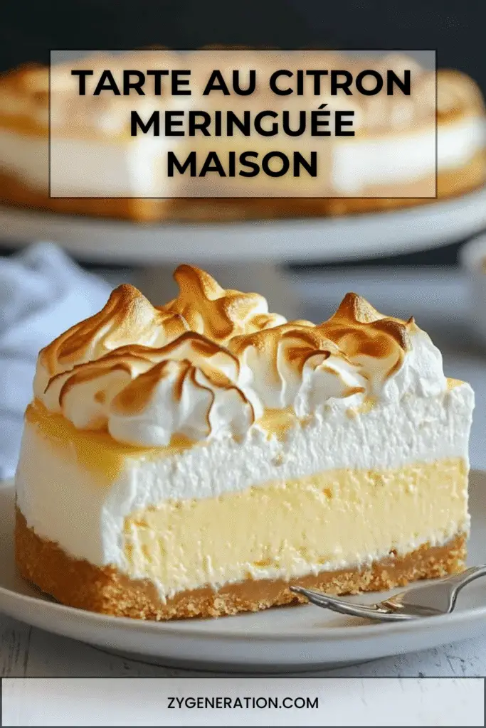 Tarte au citron meringuée dorée avec une croûte croustillante, une garniture au citron onctueuse et une meringue légèrement caramélisée.