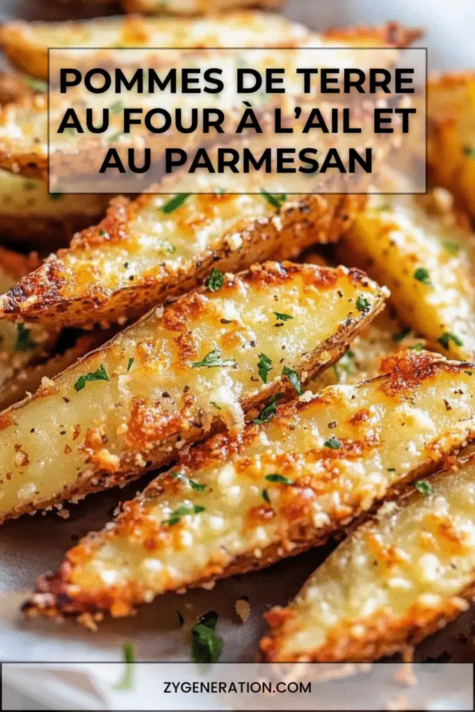 pommes de terre au four, dorées à l’ail et au parmesan, servies chaudes avec du persil frais ciselé.