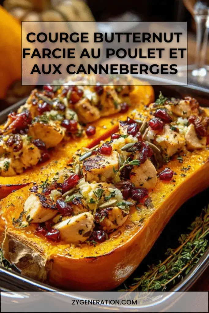 courge butternut farcie au poulet, aux canneberges séchées, à la feta et au thym frais, dorée au four et servie chaude.