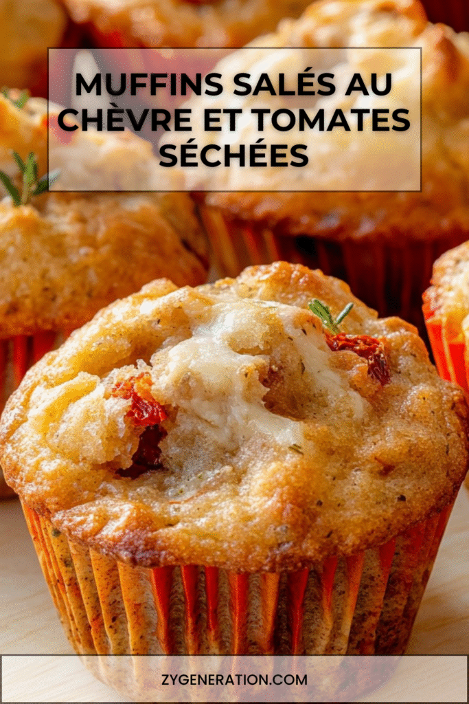 Muffins salés dorés au fromage de chèvre et tomates séchées, garnis d’herbes de Provence et servis sur une planche en bois pour l’apéritif.