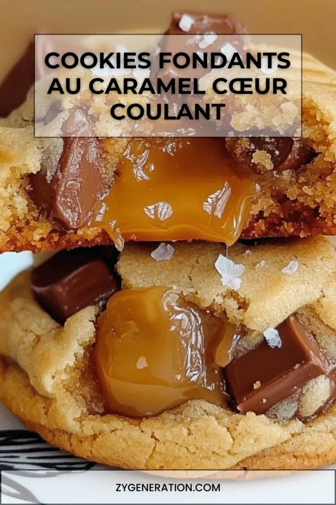 Cookies fondants au caramel avec cœur coulant, dorés et saupoudrés de fleur de sel sur une plaque de cuisson.
