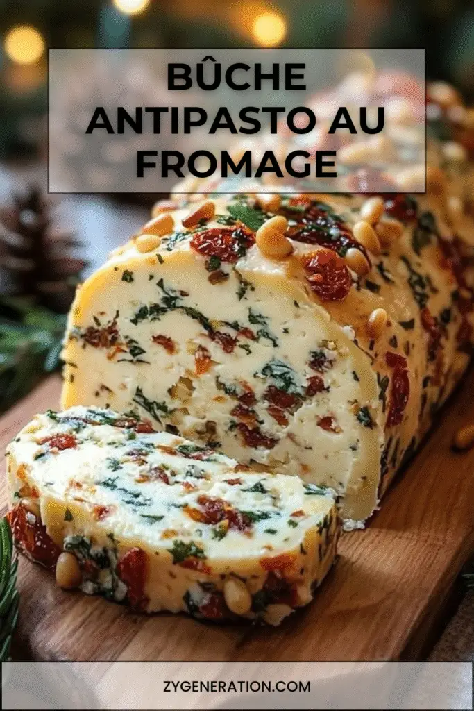 Bûche antipasto au fromage roulée dans des pignons grillés, garnie de tomates séchées et d’herbes fraîches, servie avec des crostinis.