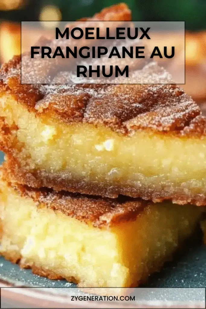 Gâteau moelleux frangipane au rhum doré, saupoudré de sucre glace et garni d’amandes effilées sur une assiette de dessert.