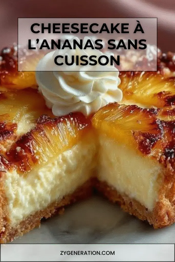 Cheesecake à l’ananas sans cuisson, décoré de tranches d’ananas frais et de crème fouettée sur un fond de biscuits dorés.