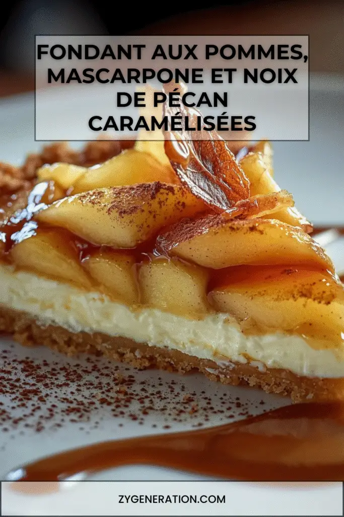 Fondant aux pommes et mascarpone sur base biscuitée, décoré de noix de pécan caramélisées et d’un filet de sirop d’érable doré.