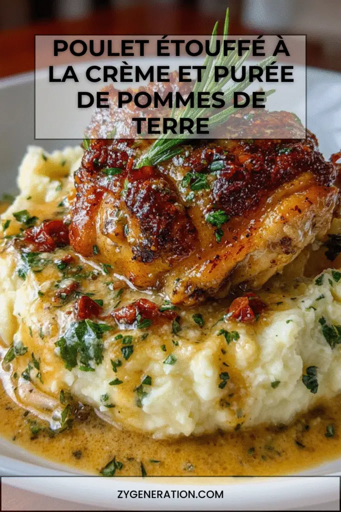 Assiette de poulet étouffé nappé d’une sauce crémeuse, servie sur une purée de pommes de terre onctueuse et garnie de persil frais.