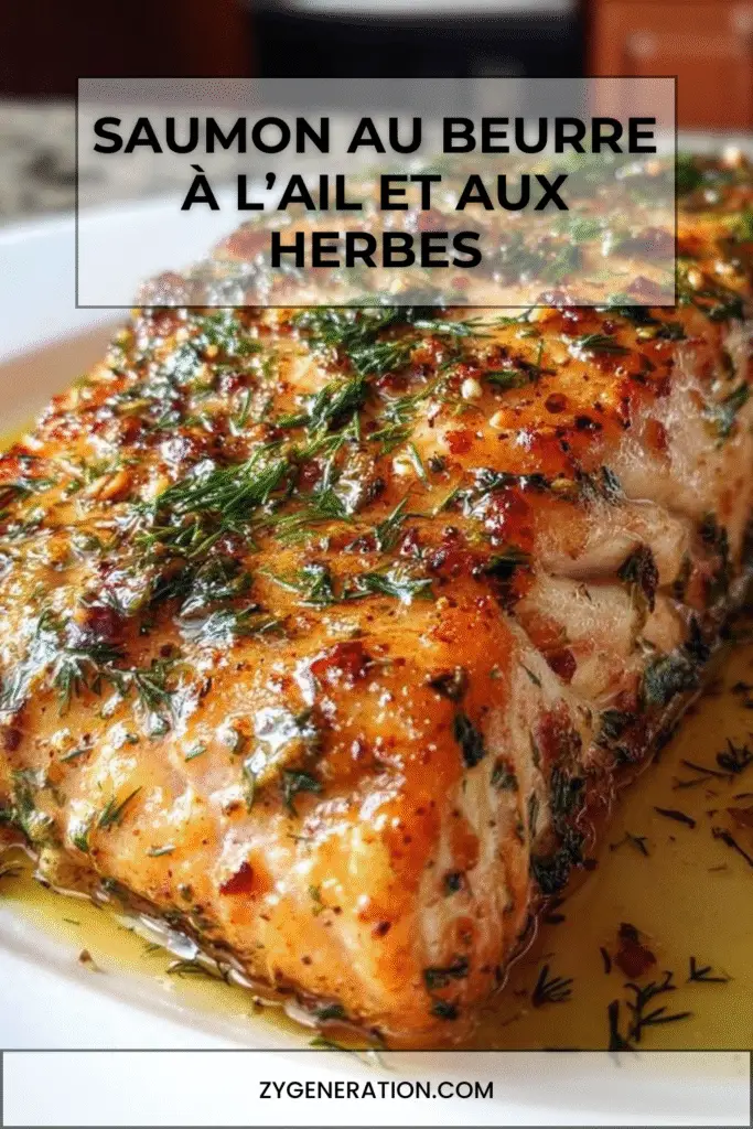 Filets de saumon dorés nappés d’une sauce crémeuse au beurre, à l’ail, au parmesan et aux herbes fraîches, servis dans une poêle en fonte.
