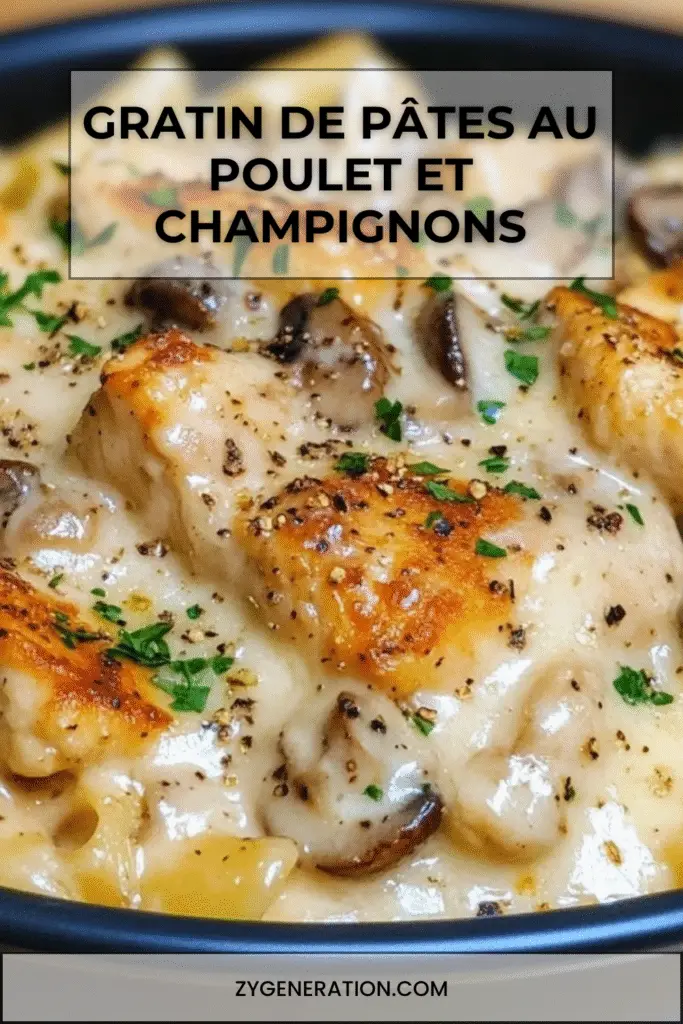 Gratin de pâtes au poulet et champignons doré au four, nappé de sauce crémeuse et parsemé de fromage fondant et de persil frais.