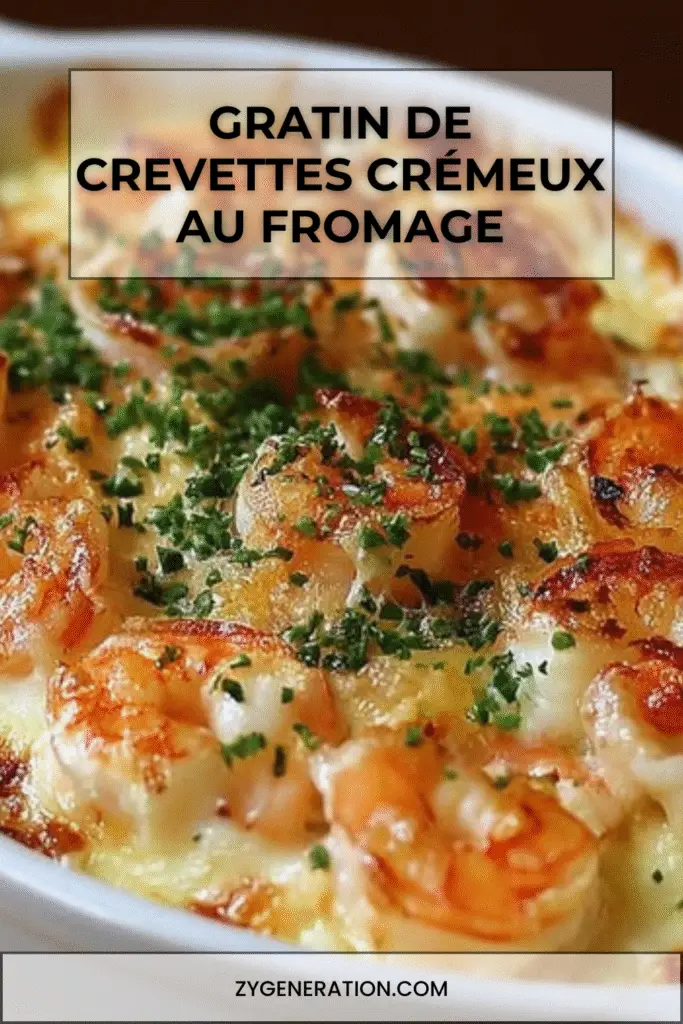 Gratin de crevettes crémeux au fromage, doré et bouillonnant, garni de persil frais dans un plat de cuisson.