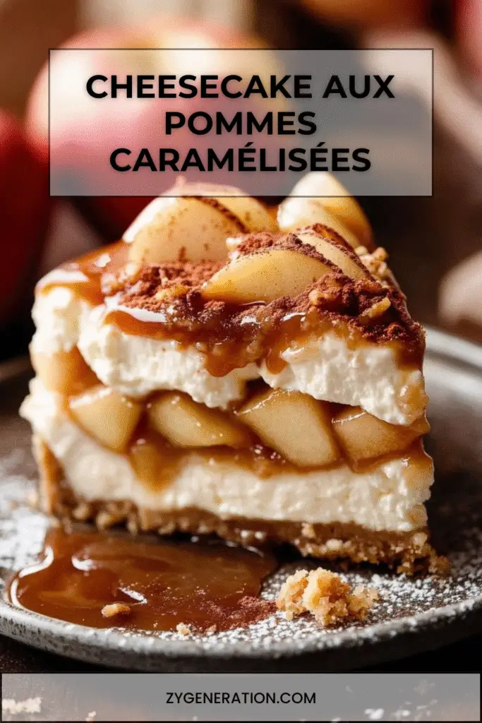 Cheesecake aux pommes caramélisées avec un nappage doré au caramel et des morceaux de pommes fondantes sur une base biscuitée croustillante.