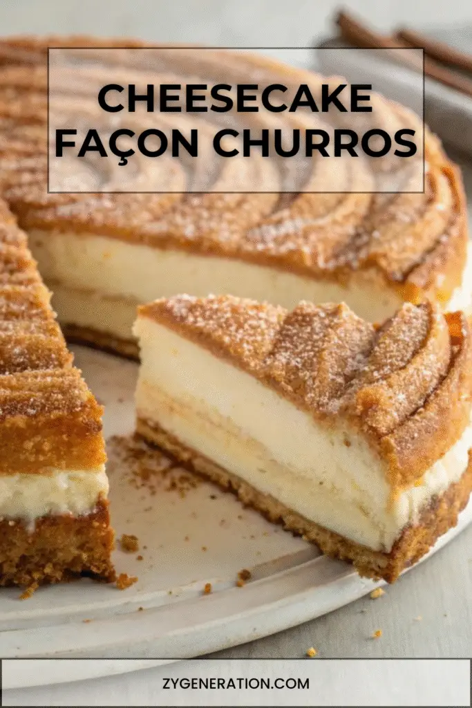 Cheesecake façon churros doré au sucre et à la cannelle, avec une garniture fondante au fromage à la crème dans un moule rectangulaire.