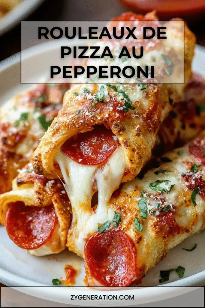 Rouleaux de pizza au pepperoni dorés au four, garnis de fromage fondant et de sauce tomate, servis sur une planche en bois.