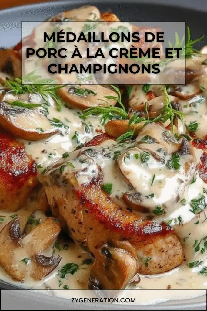Médaillons de porc nappés de sauce crémeuse aux champignons et persil frais, servis dans une poêle en fonte.
