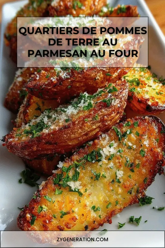 Quartiers de pommes de terre dorés au four, enrobés d’ail et de parmesan, servies avec persil frais.