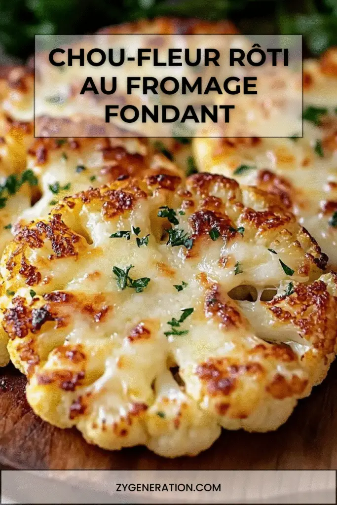 Steaks de chou-fleur rôtis au four garnis de fromage fondu et persil frais.