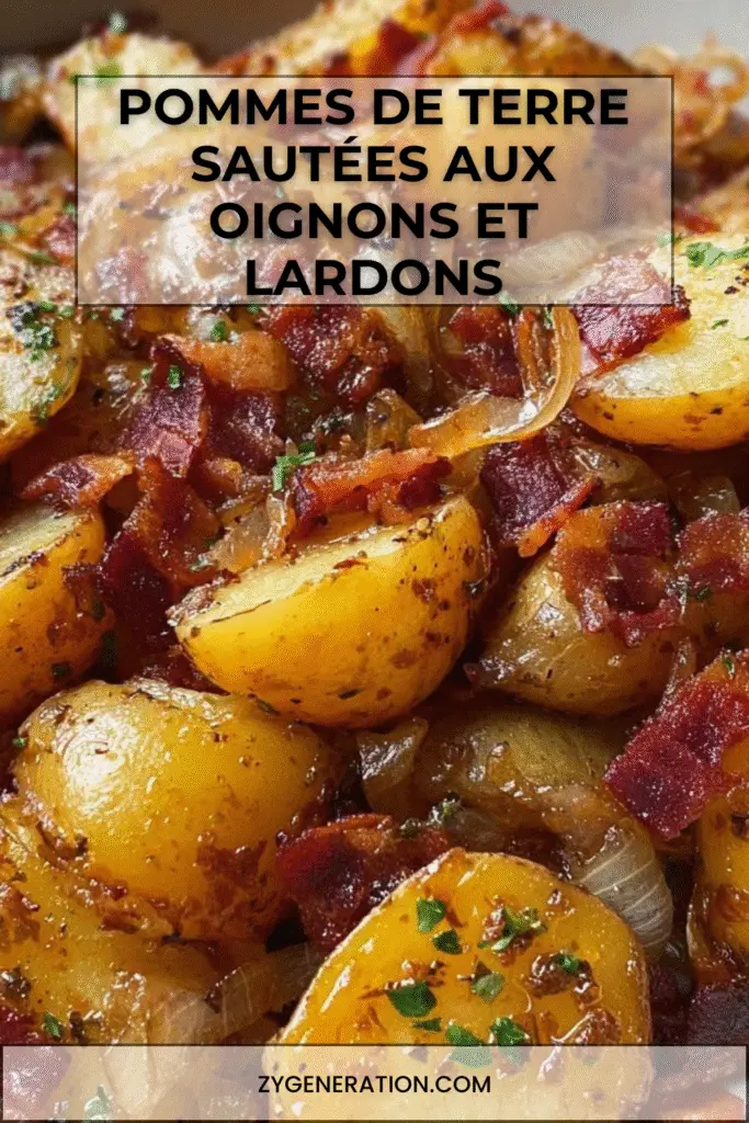 Pommes de terre sautées dorées à la poêle avec oignons fondants et lardons croustillants, servies chaudes avec persil frais.