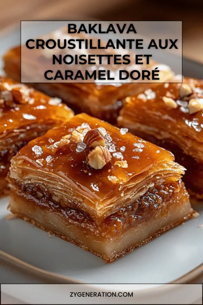 Baklava aux noisettes dorée au four, coupée en losanges, nappée de miel et décorée de noisettes entières.