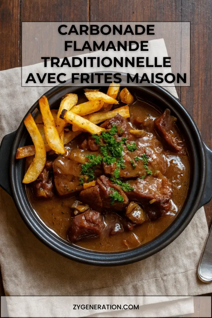 Carbonade flamande servie dans une cocotte, nappée de sauce brune, accompagnée de frites croustillantes.