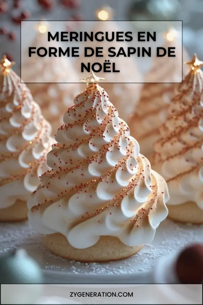 Meringues en forme de sapins de Noël décorées avec perles sucrées et étoiles sur une plaque de cuisson.