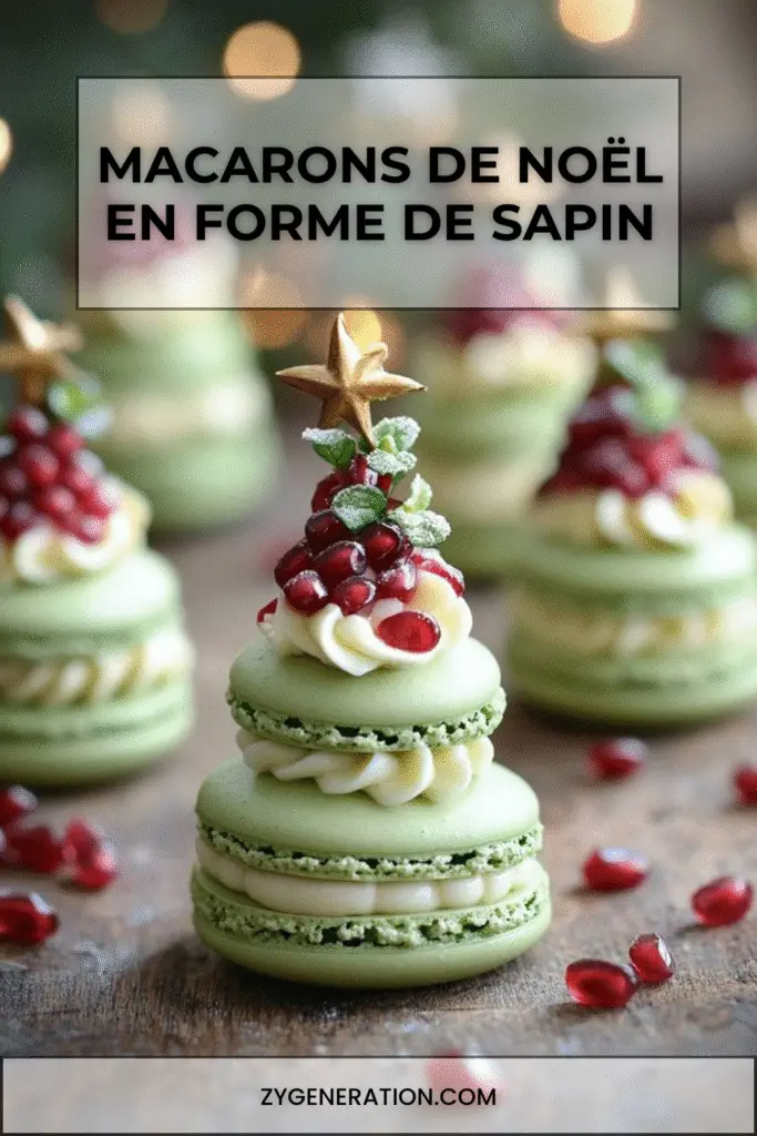 Macarons de Noël en forme de petits sapins composés de coques vertes superposées et décorés de grains rouges et d’une étoile sucrée.