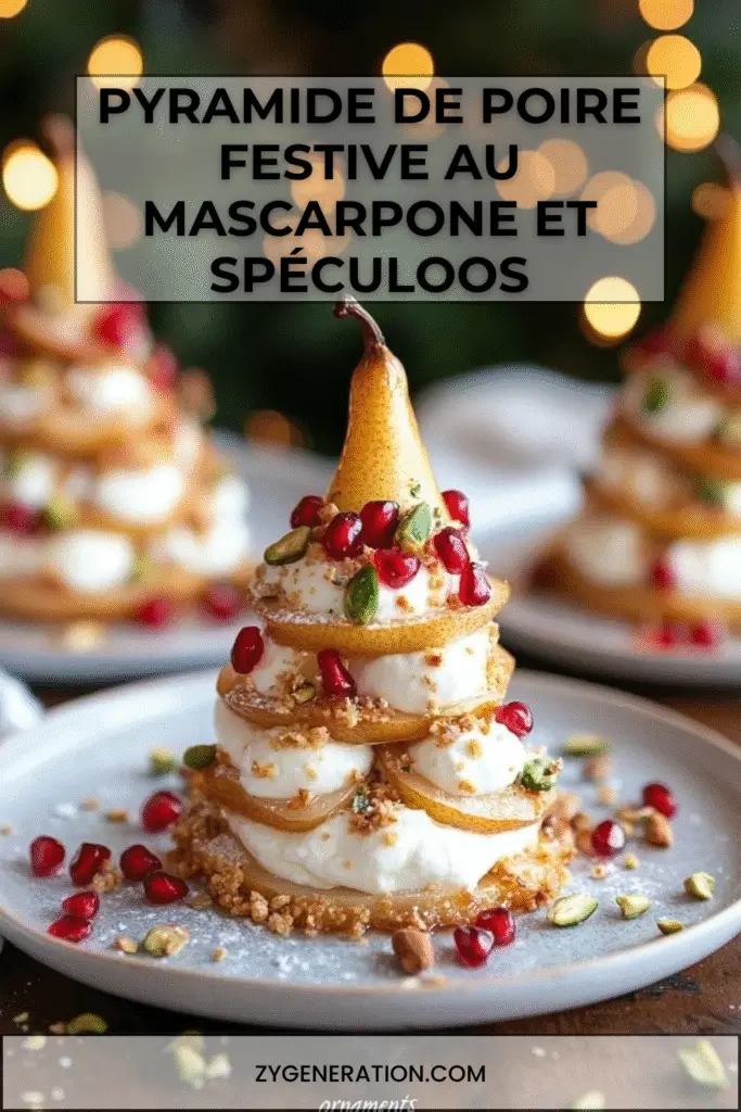 Dessert pyramidal composé de fines lamelles de poire superposées avec crème mascarpone, biscuits spéculoos et éclats de pistaches.