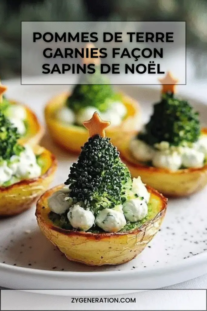 Pommes de terre rôties garnies de fromage frais et surmontées de brocolis en forme de sapins avec étoiles décoratives.