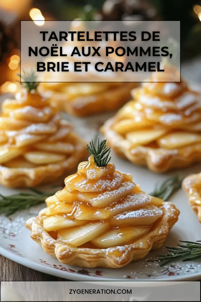 Tartelettes feuilletées garnies de brie, pommes fines en spirale et filet de caramel, décorées d’un brin de romarin.