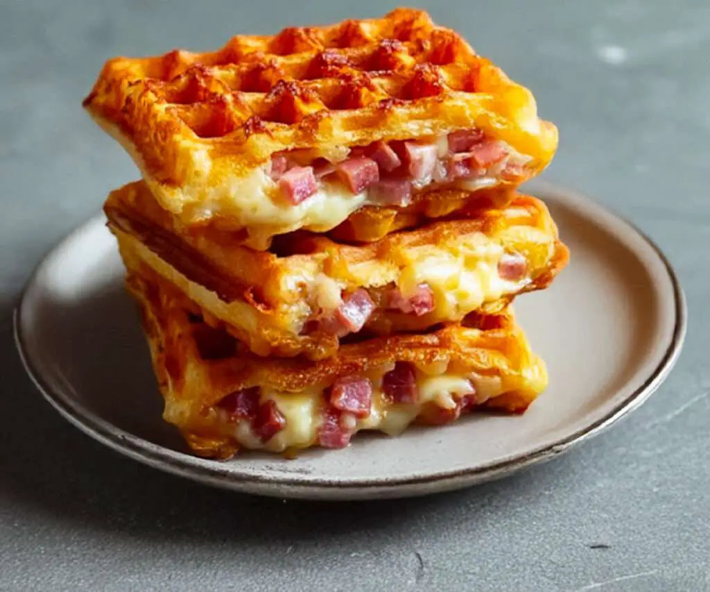 Gaufres salées dorées au jambon et fromage fondu, servies chaudes sur une assiette avec salade verte et herbes fraîches.