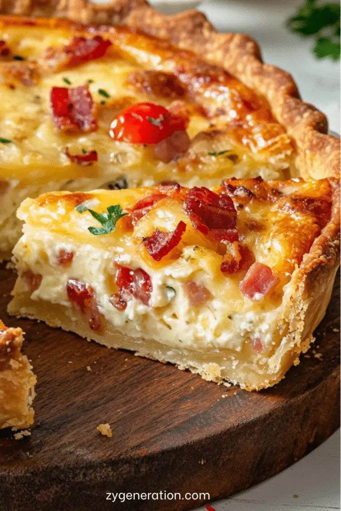 Tarte salée à la cancoillotte et lardons dorée au four, servie avec persil frais