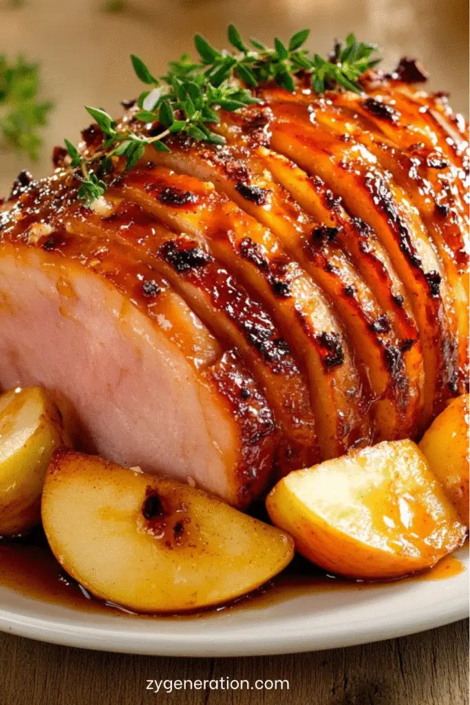 Jambon de porc rôti au miel entouré de pommes fondantes et nappé de sauce caramélisée