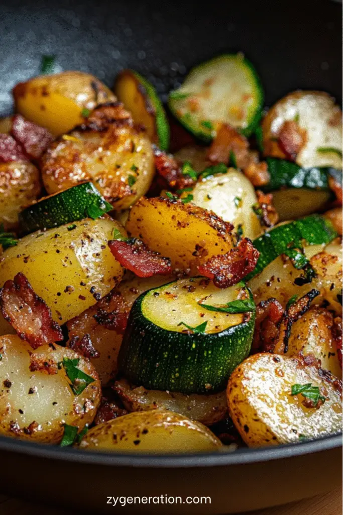 Poêlée de pommes de terre, courgettes et lardons grillés servie chaude dans une poêle en fonte