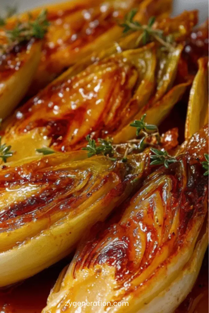 Endives caramélisées au beurre et au miel servies chaudes dans un plat