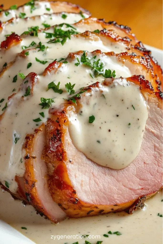 Jambon de porc rôti au four nappé de sauce crémeuse à la moutarde et persil frais