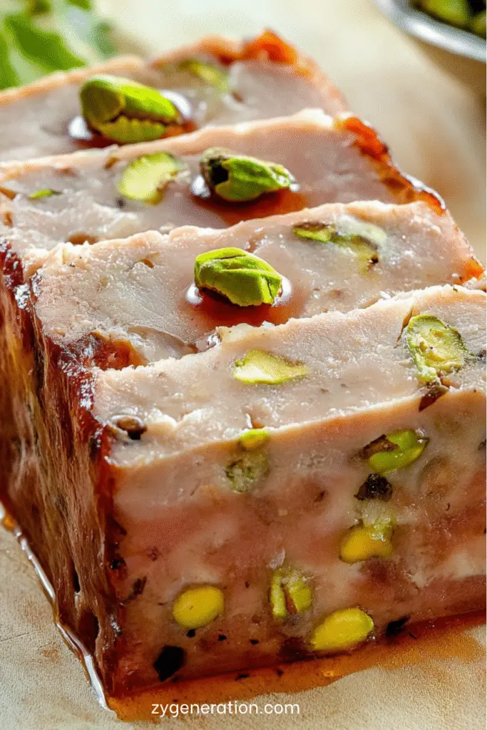 Terrine de lapin aux pistaches tranchée et servie froide avec pain de campagne et salade verte
